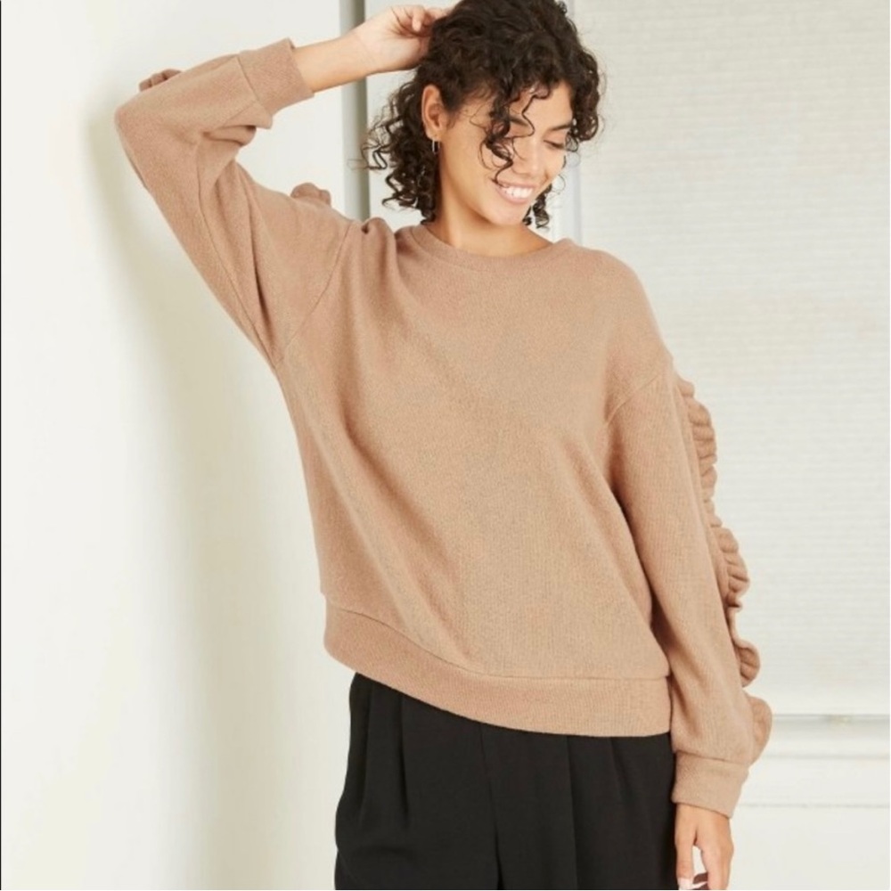 A New Day Tan Brown Ruffled Sleeve Sweater